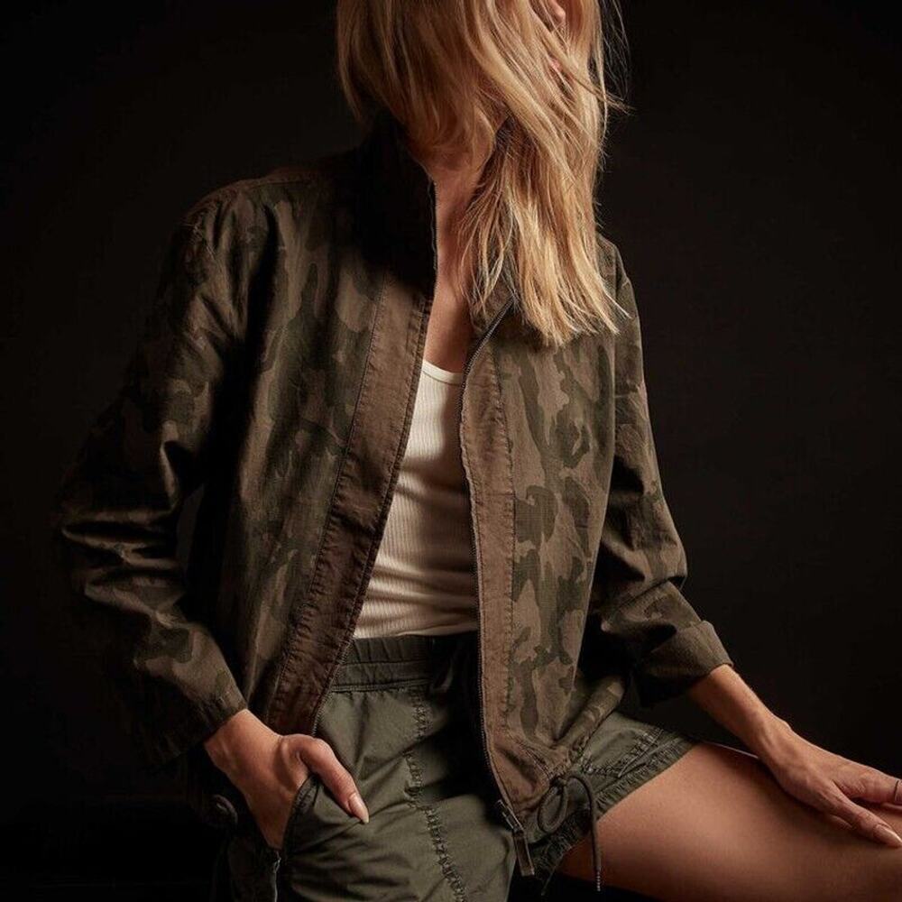 James Perse Army Green Tan Camo Print Zip Band Neck Long Sleeve Jacket 4 / XL - Picture 15 of 16